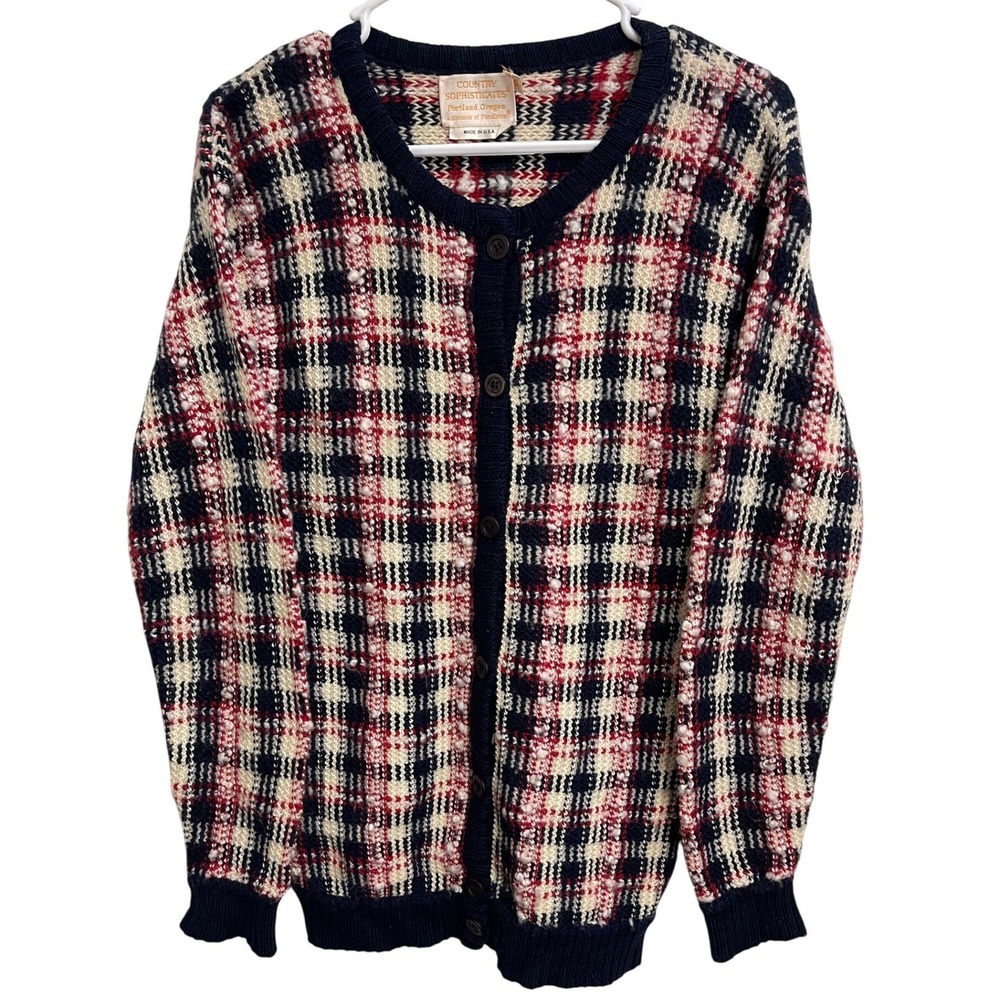 Vintage 80s Pendleton Plaid Wool Blend Cardigan Sweater Womens M Preppy Academia